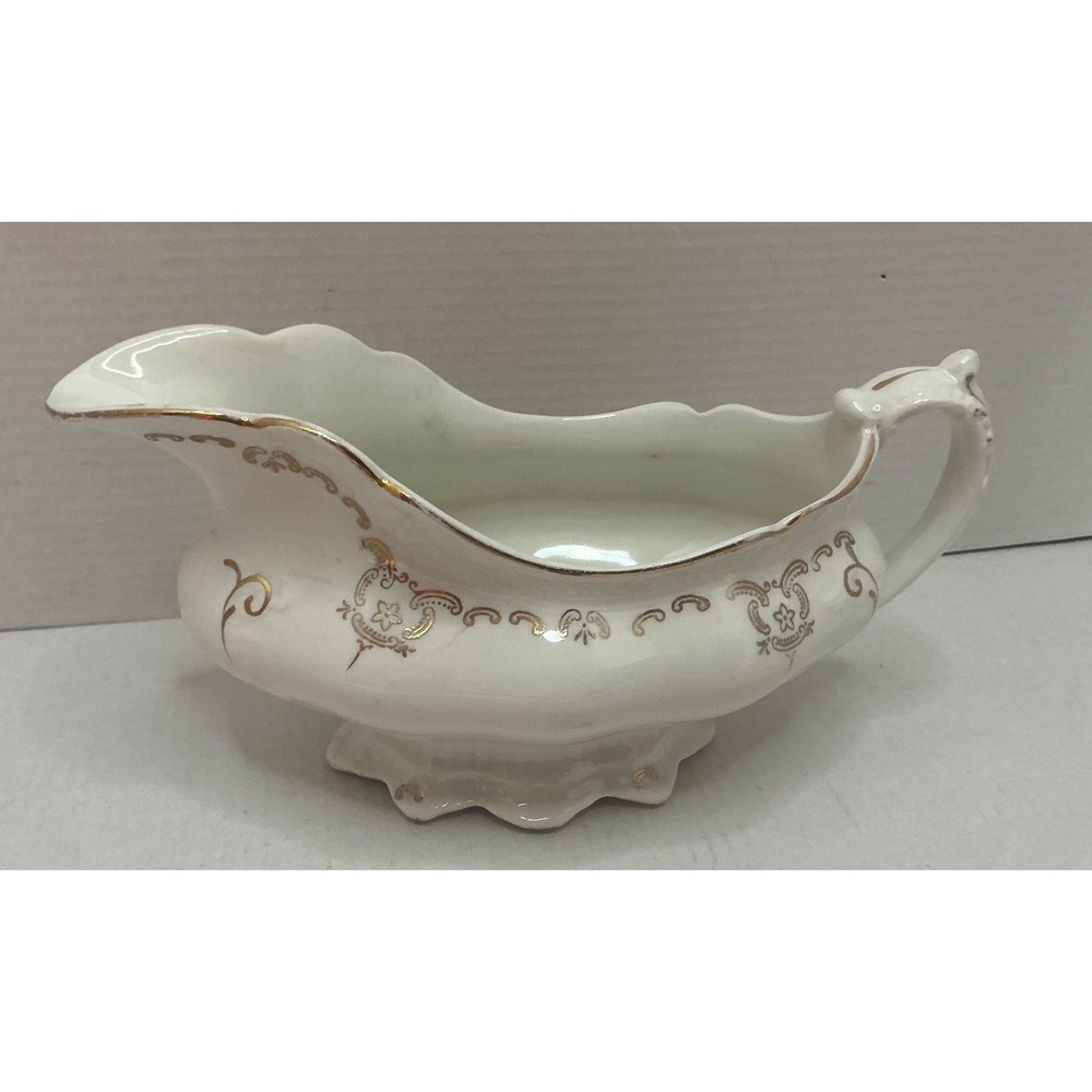 Johnson Bros Vintage Gravy Boat Gold Filigree White Ceramic England Victorian